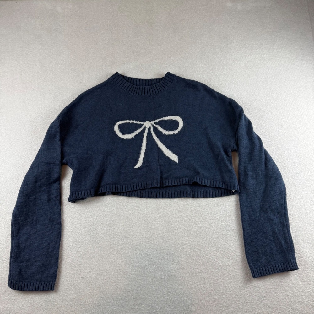 Edikted Navy Blue White Bow Cropped Sweater Long Sleeve Crew Neck XS/S